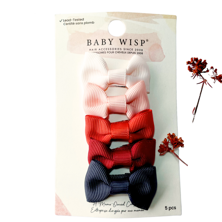 Baby Wisp - 5 Charlotte Bows Tuxedo Style on Snap Clips - Warm Breeze