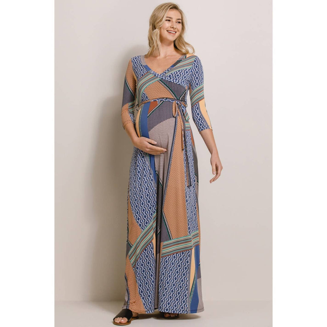 Hello Miz - Surplice Geo Print Nursing Faux Wrap Maxi Dress