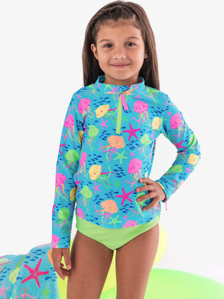 RuffleButts + RuggedButts - Girls Neon Jelly Time Long Sleeve Zipper Rash Guard 2-Piece Swimsuit with Signature Rear Ruffles