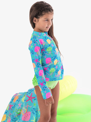 RuffleButts + RuggedButts - Girls Neon Jelly Time Long Sleeve Zipper Rash Guard 2-Piece Swimsuit with Signature Rear Ruffles
