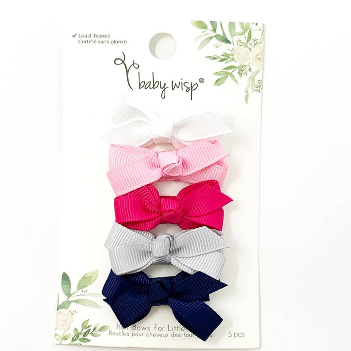 Baby Wisp - 5 Chelsea Boutique Grosgrain Bows on Snap Clips - Prep Girl