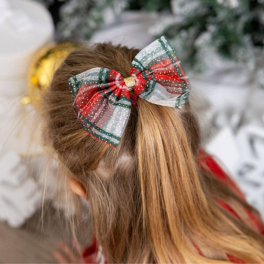 Sweet Wink - Christmas Plaid Tulle Bow Clip - Kids Holiday Hair Clip