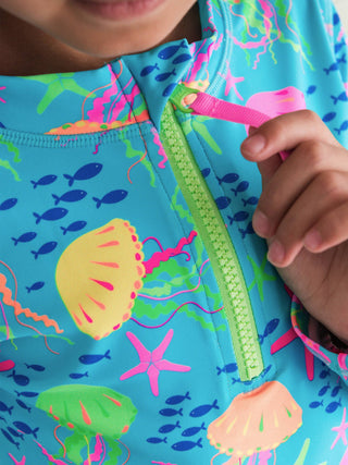 RuffleButts + RuggedButts - Girls Neon Jelly Time Long Sleeve Zipper Rash Guard 2-Piece Swimsuit with Signature Rear Ruffles