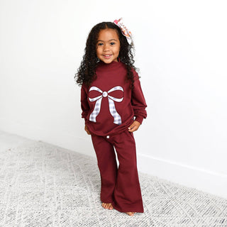 Gigi and Max - Maroon MOCKNECK FLARE SWEATSUIT Gingham Bow Kids Set