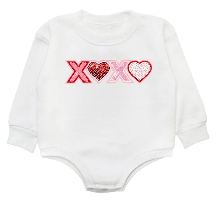 Sweet Wink - XOXO Sequin Patch Valentine's Day Long Sleeve Romper - White