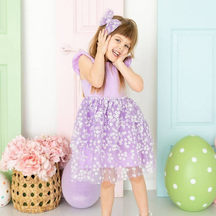 Sweet Wink - Lavender Ditsy Daisy Easter Tiered Short Sleeve Tutu Dress