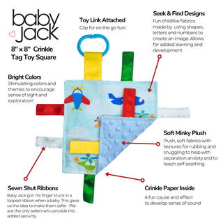 Baby Jack and Company - Baby Jack and Company - Airplanes Helicopter Crinkle Tag Square 8"x8” Sensory Toy - Classy Rascals Boutique