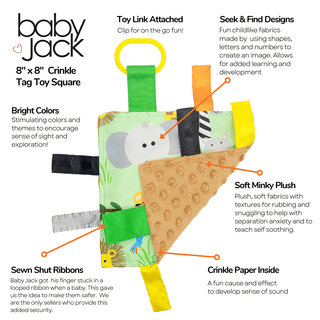 Baby Jack and Company - Baby Jack and Company - Jungle Zoo Crinkle Tag Square 8x8 Tummy Time Toy 8" x 8" - Classy Rascals Boutique