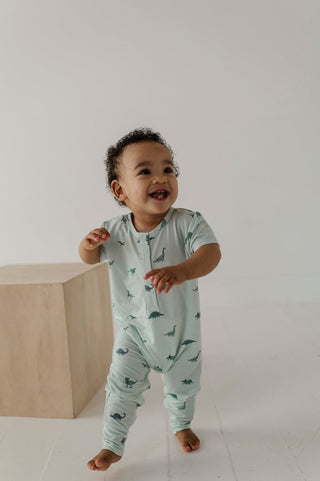 Baby Sprouts - Baby Sprouts Short Sleeve Henley Romper Dinosaur - Classy Rascals Boutique
