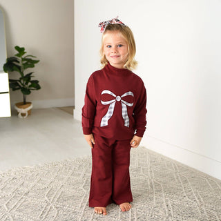 Gigi and Max - Maroon MOCKNECK FLARE SWEATSUIT Gingham Bow Kids Set