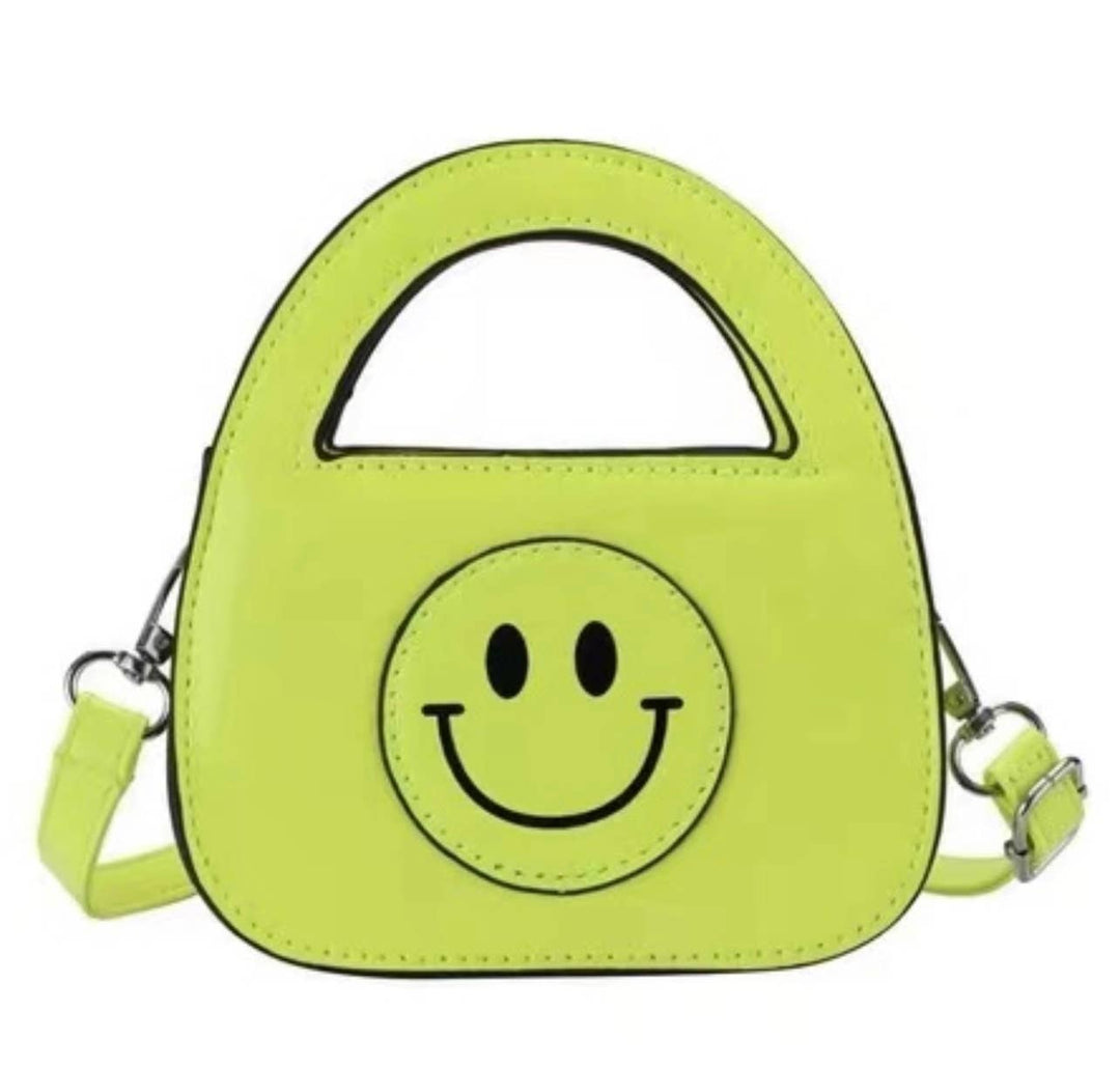 Mavi Bandz Mini Neon Smiley Face Tote Purse Bag in Pink and Yellow