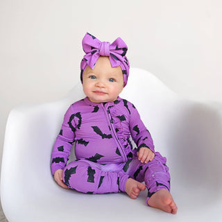 Gigi and Max - Echo Purple Bats RUFFLE ZIP Bamboo Halloween Baby Lounge Set