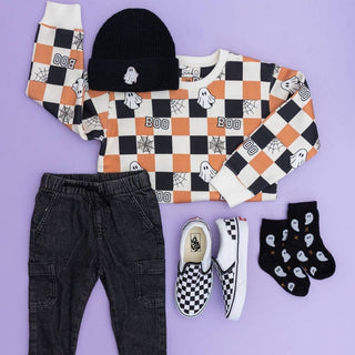 Sweet Wink - Boo Checkered Halloween Sweatshirt - Natural - Boys Clothing
