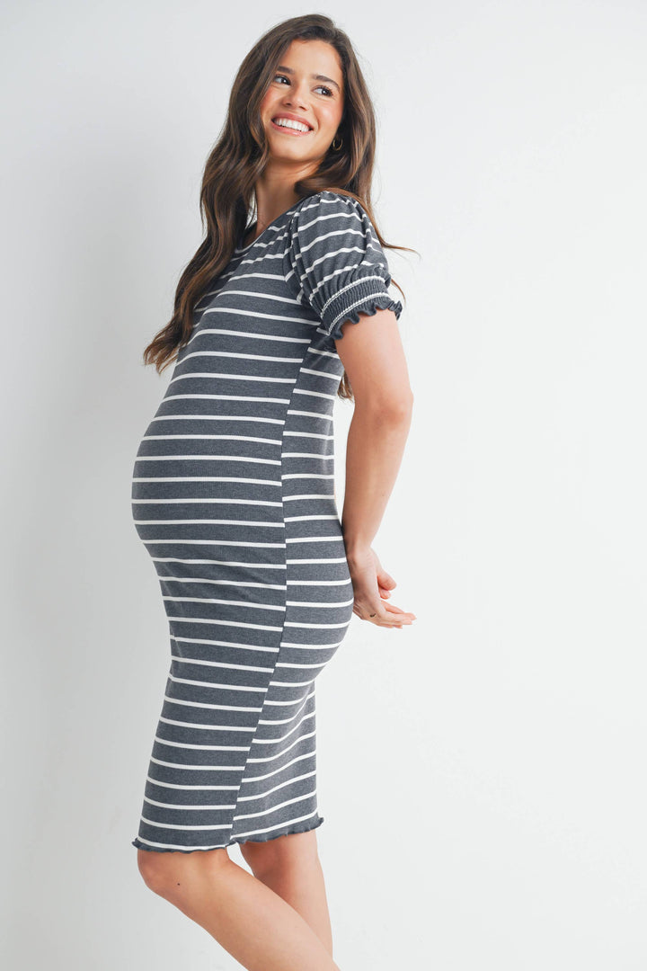 Hello Miz - Striped Short Sleeve Maternity T-Shirt Dress