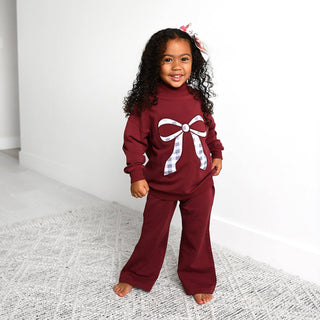 Gigi and Max - Maroon MOCKNECK FLARE SWEATSUIT Gingham Bow Kids Set