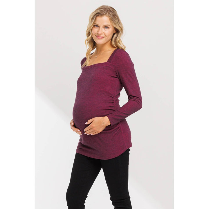 Hello Miz - Square Neck Long Sleeve Ruched Maternity Top