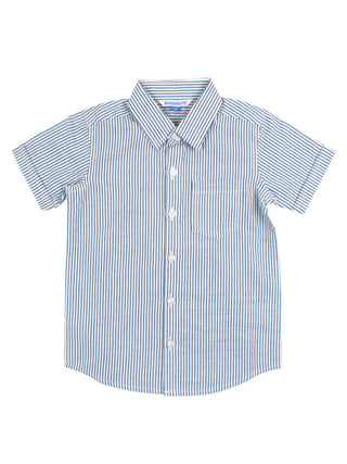 RuffleButts + RuggedButts - Boys Blue Seersucker Short Sleeve Button Down Shirt