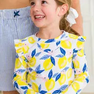 RuffleButts + RuggedButts - Girls Lemon Capri Skirted Flutter Long Sleeve Zipper Rash Guard Bikini