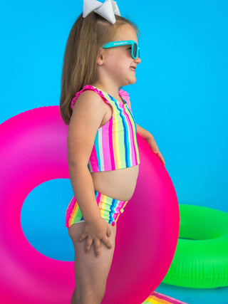 RuffleButts + RuggedButts - Girls Neon Rainbow Stripe Racerback Flutter Tankini 2-Piece Swimsuit