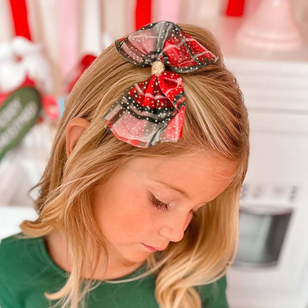 Sweet Wink - Christmas Plaid Tulle Bow Clip - Kids Holiday Hair Clip