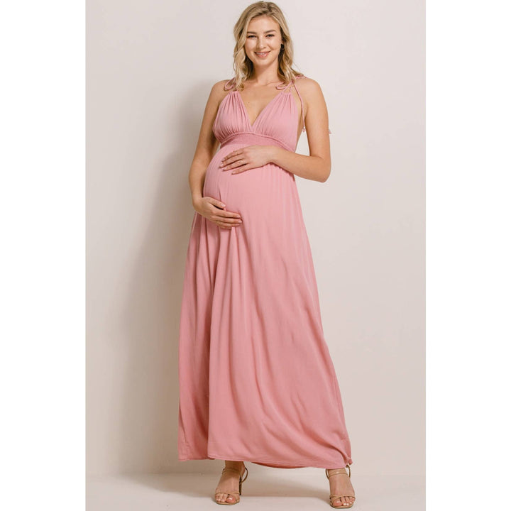 Hello Miz - Smocked Waist Tie Strap Maternity Plunge Maxi Dress