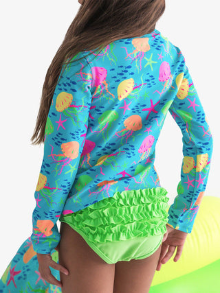 RuffleButts + RuggedButts - Girls Neon Jelly Time Long Sleeve Zipper Rash Guard 2-Piece Swimsuit with Signature Rear Ruffles