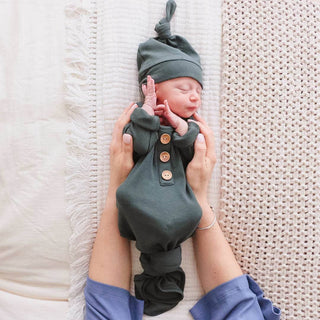 Caden Lane - Forest Green Ribbed Bamboo Baby Knot Gown & Hat