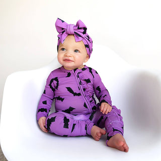 Gigi and Max - Echo Purple Bats RUFFLE ZIP Bamboo Halloween Baby Lounge Set