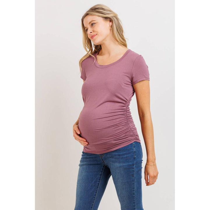 Hello Miz - Round Neck Ruched Short Sleeve Maternity Top