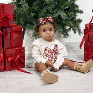Sweet Wink - Christmas Plaid Bow Patch Long Sleeve Romper - Baby Clothing