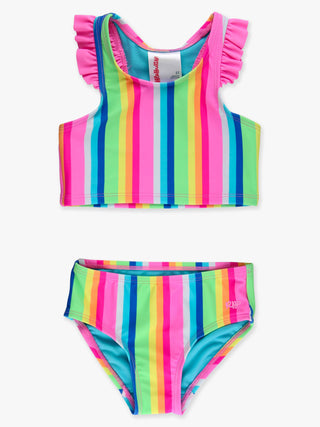 RuffleButts + RuggedButts - Girls Neon Rainbow Stripe Racerback Flutter Tankini 2-Piece Swimsuit