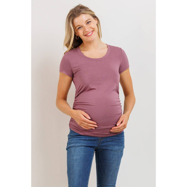 Hello Miz - Round Neck Ruched Short Sleeve Maternity Top