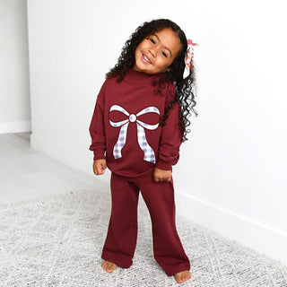 Gigi and Max - Maroon MOCKNECK FLARE SWEATSUIT Gingham Bow Kids Set