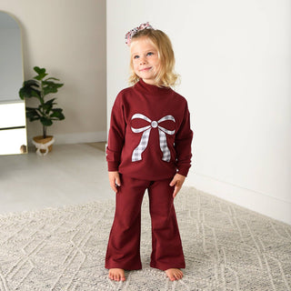 Gigi and Max - Maroon MOCKNECK FLARE SWEATSUIT Gingham Bow Kids Set