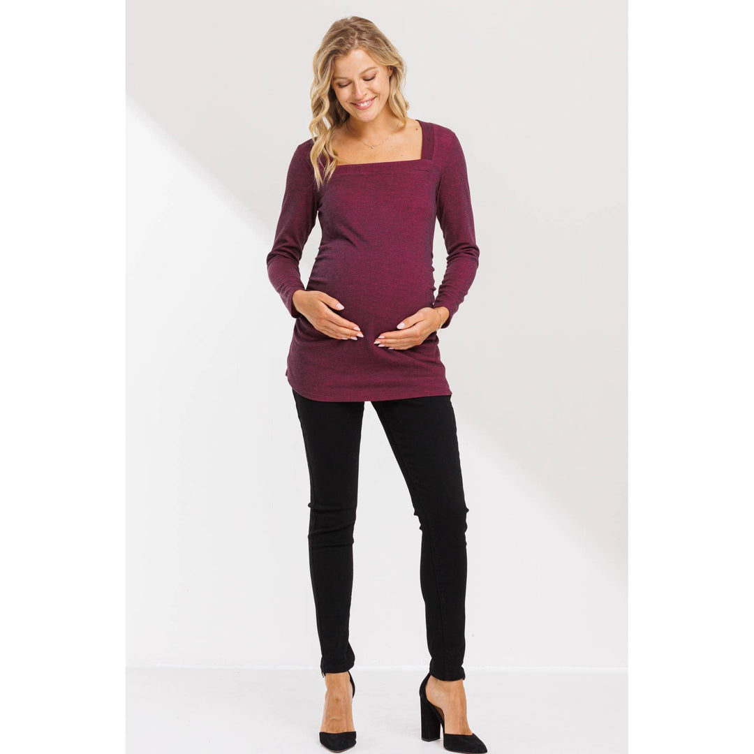 Hello Miz - Square Neck Long Sleeve Ruched Maternity Top