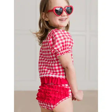 RuffleButts + RuggedButts - Girls Vintage Red Gingham Puff Sleeve Ruffle Tankini 2-Piece