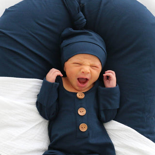 Caden Lane - Solid Dark Navy Bamboo Baby Knot Gown & Hat