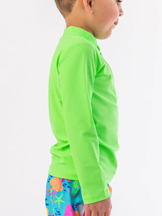 RuffleButts + RuggedButts - Boys Neon Honeydew Long Sleeve Zipper Rash Guard