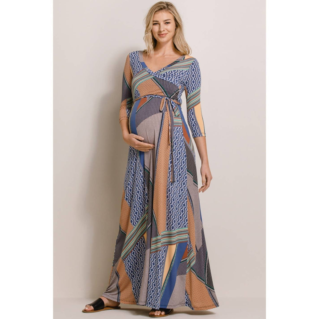 Hello Miz - Surplice Geo Print Nursing Faux Wrap Maxi Dress