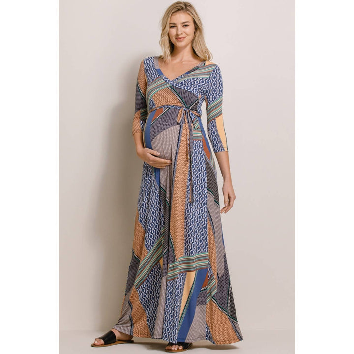 Hello Miz - Surplice Geo Print Nursing Faux Wrap Maxi Dress