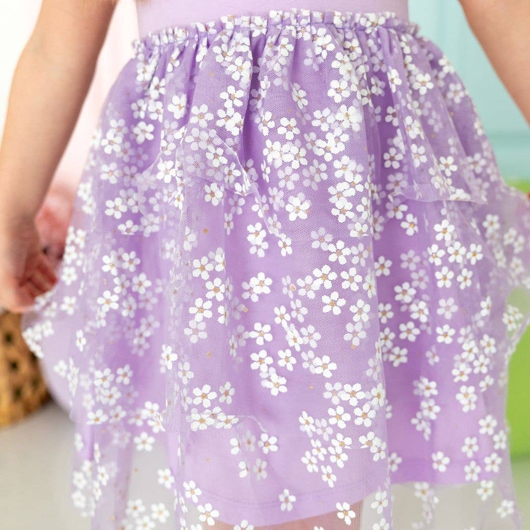 Sweet Wink - Lavender Ditsy Daisy Easter Tiered Short Sleeve Tutu Dress