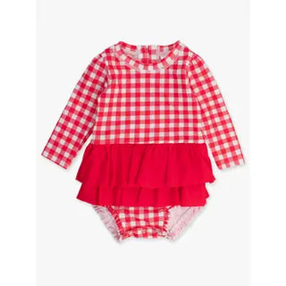 RuffleButts + RuggedButts - Baby Girls Vintage Red Gingham Long Sleeve One Piece Rash Guard