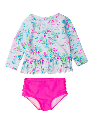 RuffleButts + RuggedButts - Girls Tropical Resort Scalloped Long Sleeve Rash Guard 2-Piece