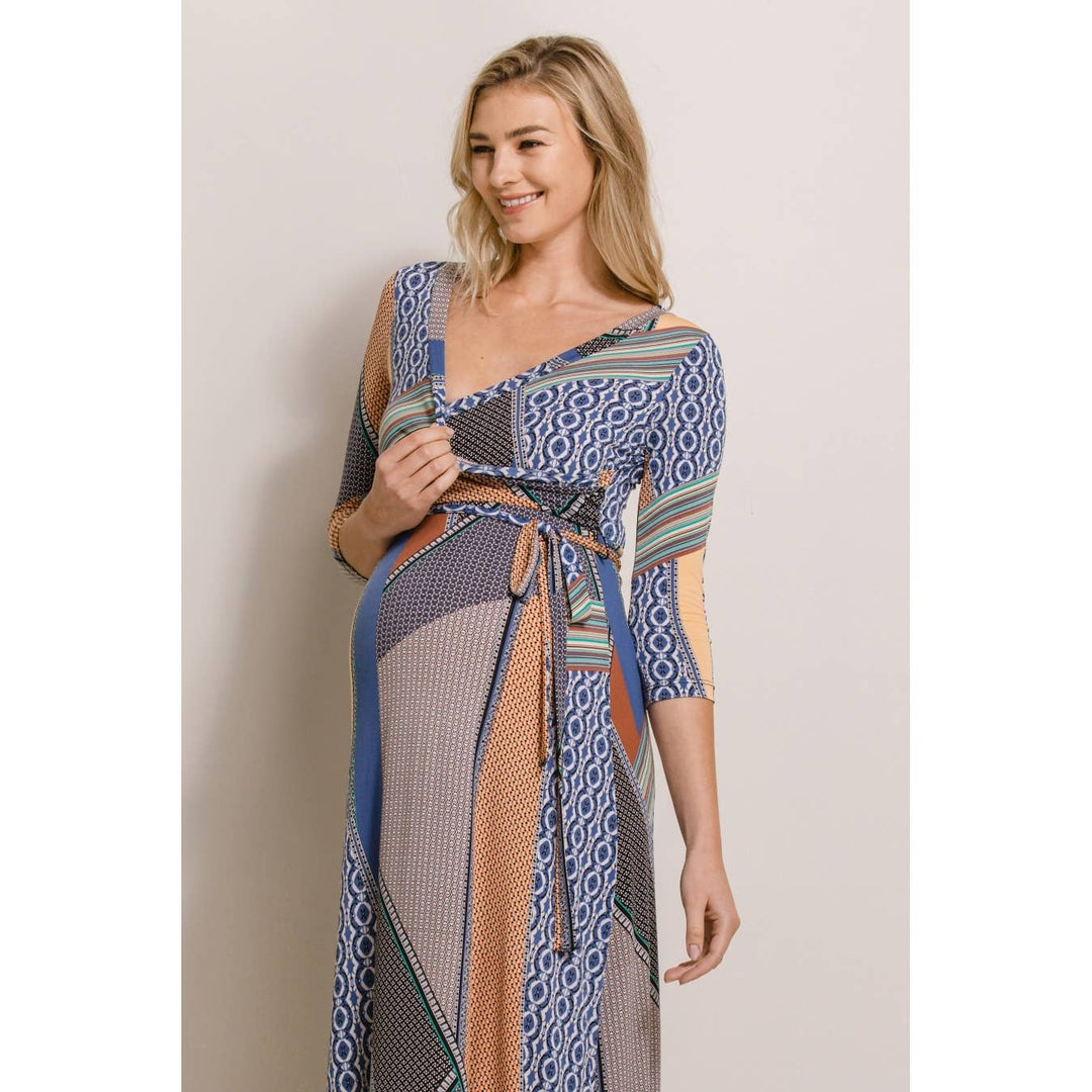 Hello Miz - Surplice Geo Print Nursing Faux Wrap Maxi Dress