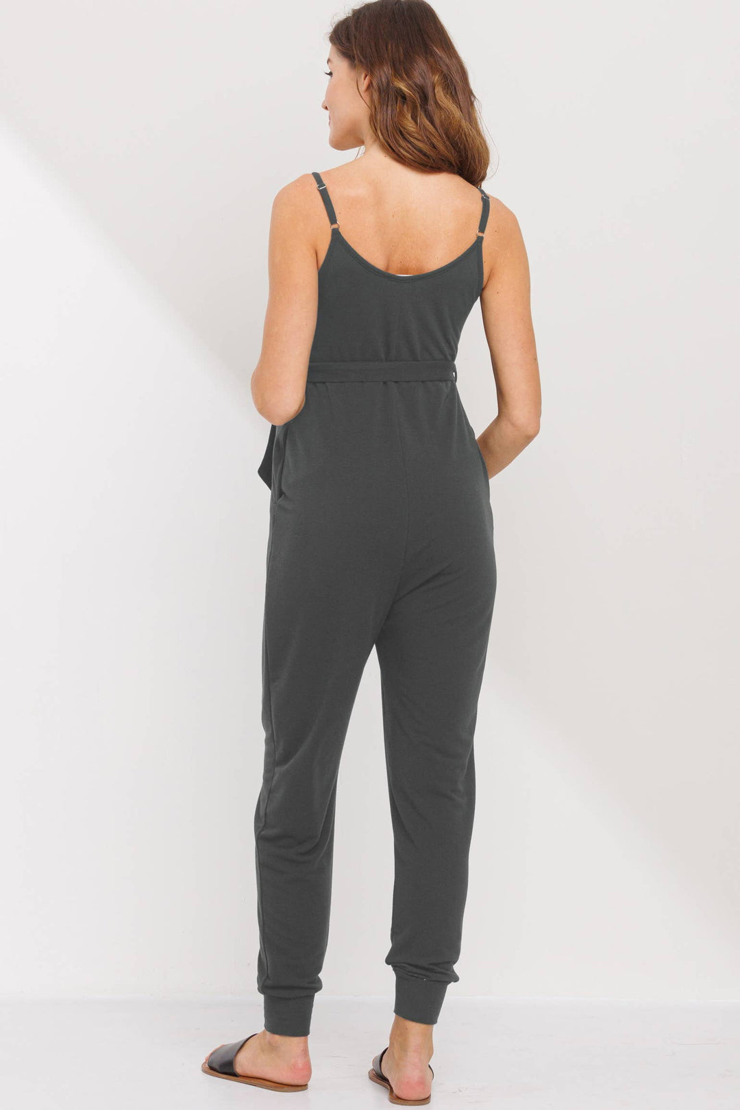Hello Miz - Solid Belted Maternity Cami Jogger Jumpsuit