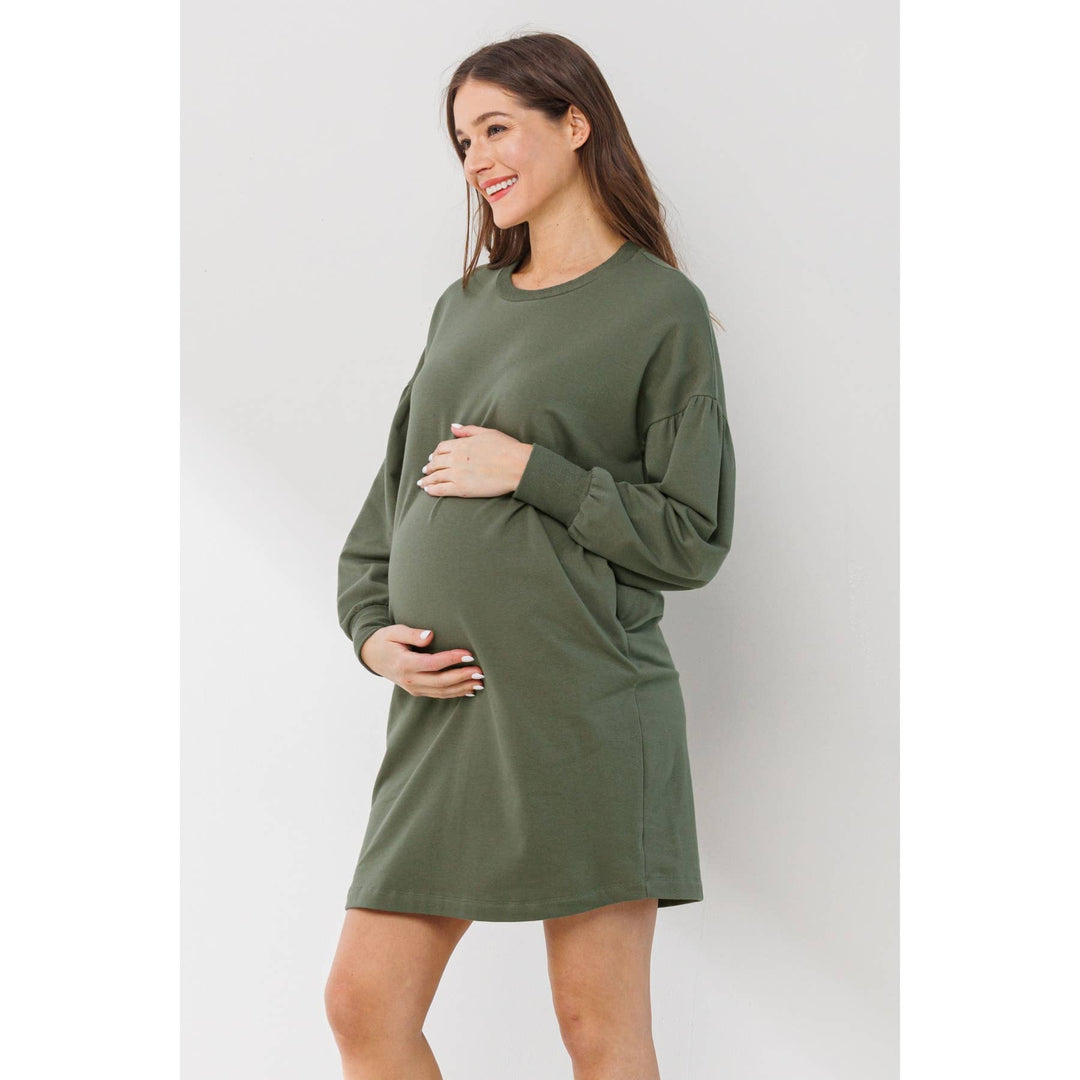 Hello Miz - Crew Neck Maternity Sweater Dress with Pockets