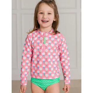 RuffleButts + RuggedButts - Girls Pink Tee Time Long Sleeve Zipper Rash Guard 2 Piece
