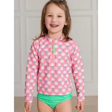 RuffleButts + RuggedButts - Girls Pink Tee Time Long Sleeve Zipper Rash Guard 2 Piece