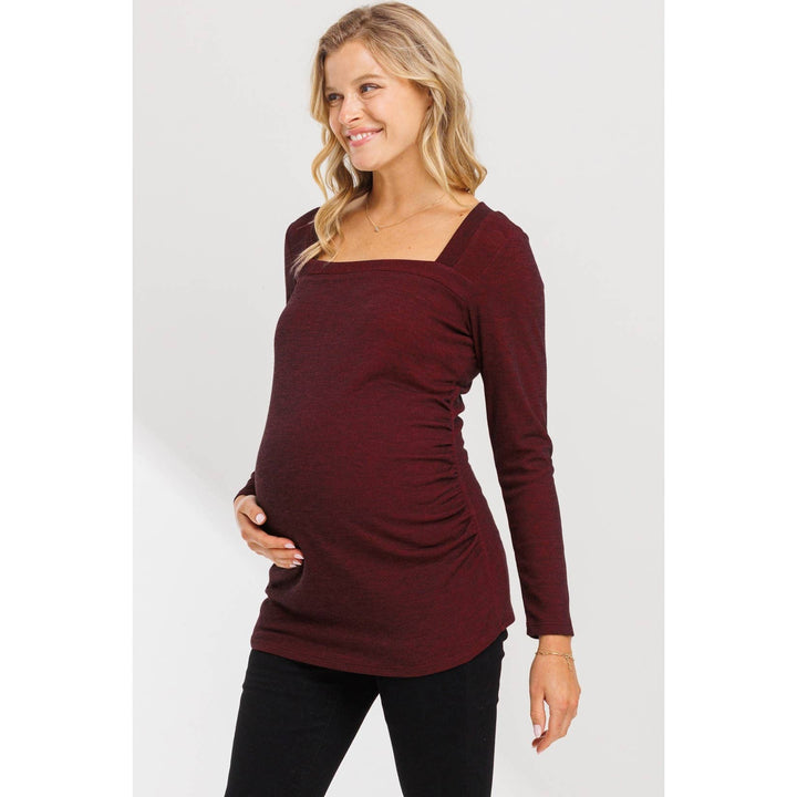 Hello Miz - Square Neck Long Sleeve Ruched Maternity Top