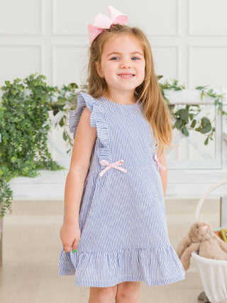 RuffleButts + RuggedButts - Girls Blue Seersucker Pinafore Bow Dress